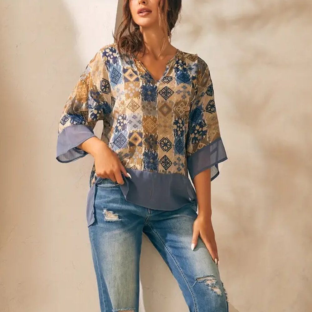Suzanne Betro Blue Beige Patchwork V-Neck Blouse
